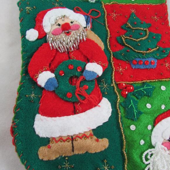 Felt Applique Christmas Stocking Santa Sequins Beads Finished Complete Handsewn - Picture 4 of 9